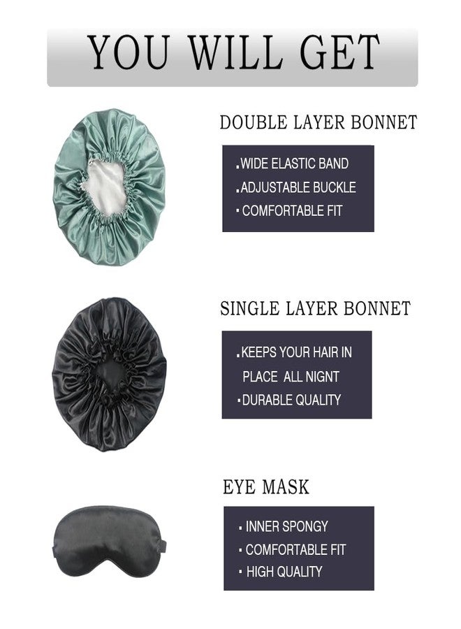 Hanbertti Satin Sleep Cap, Adjustable Satin Cap, Eye Mask, Opening for Short and Long Hair - Reusable Bath Hair Cap for Ladies, Men and Kids, Dusty Green - Image 2